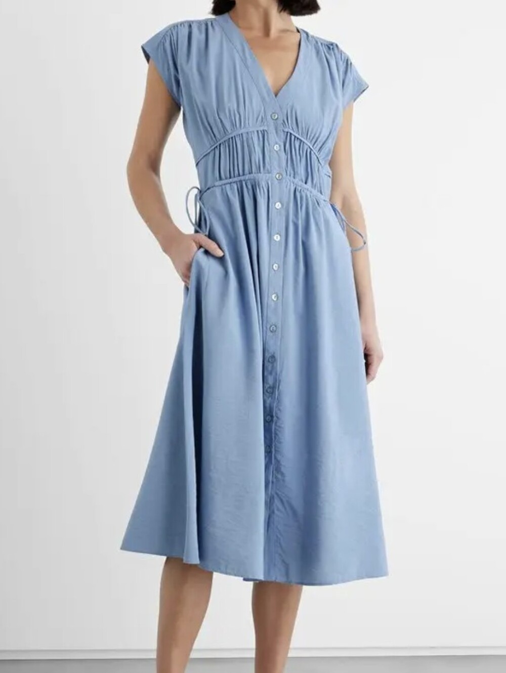 Iris And Ink Womens Jacqueline Shirred Light Blue Button-Front Maxi Dress